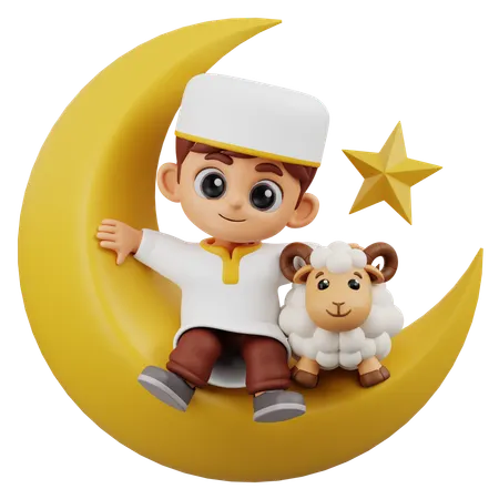 Boy Sitting On Crescent Moon  3D Illustration