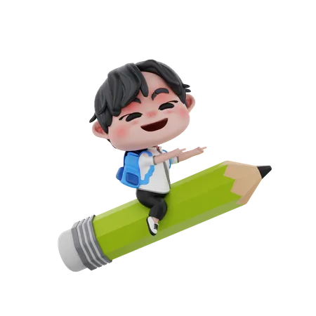 Boy sitting on pencil  3D Illustration