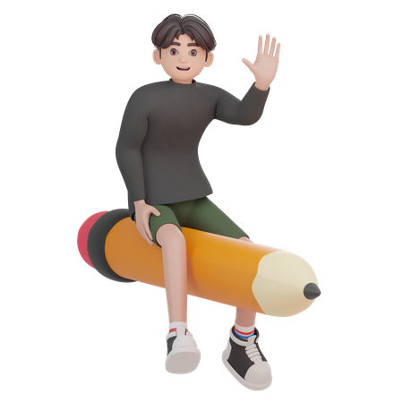 Boy sitting on pencil  3D Illustration