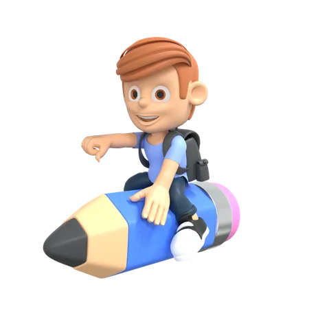 Boy sitting on pencil  3D Illustration