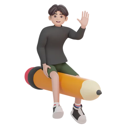 Boy sitting on pencil  3D Illustration
