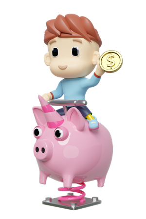 Boy sitting on pig  3D Illustration