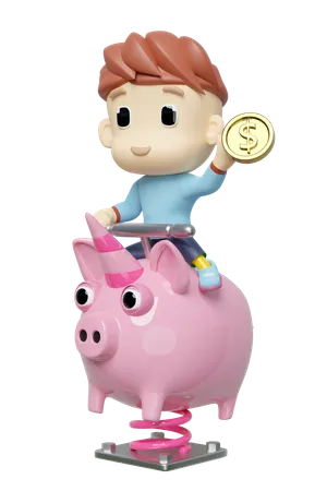 Playground Piggy Bank Spring Rider With Boy Dollar Gold Coin Isolated 3 D Render Illustration 3D Illustration