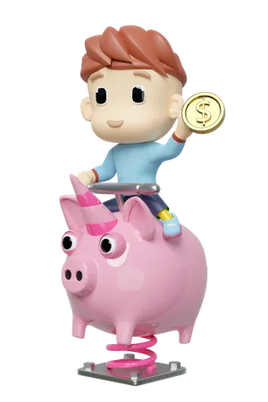 Boy sitting on pig  3D Illustration