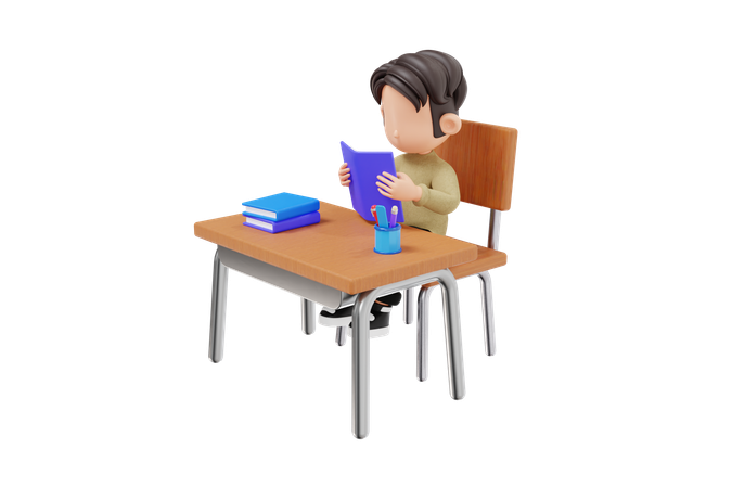 Boy Sitting On School Chair And Reading Book  3D Icon