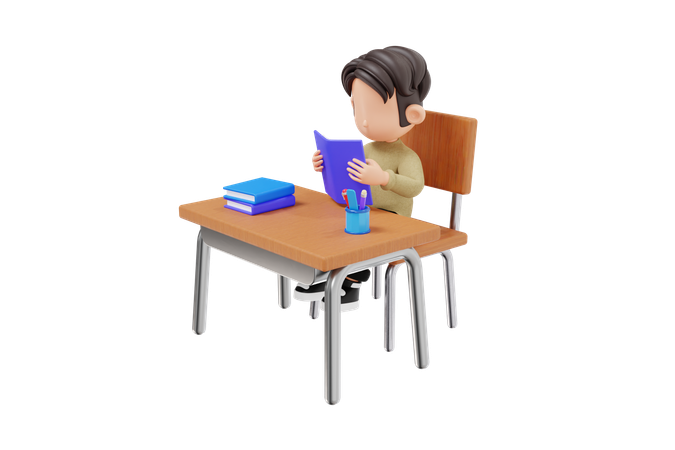 Boy Sitting On School Chair And Reading Book  3D Icon