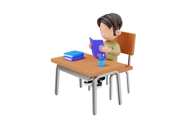 Boy Sitting On School Chair And Reading Book  3D Icon