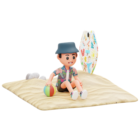 Boy Sitting On The Sand and playing with ball  3D Illustration