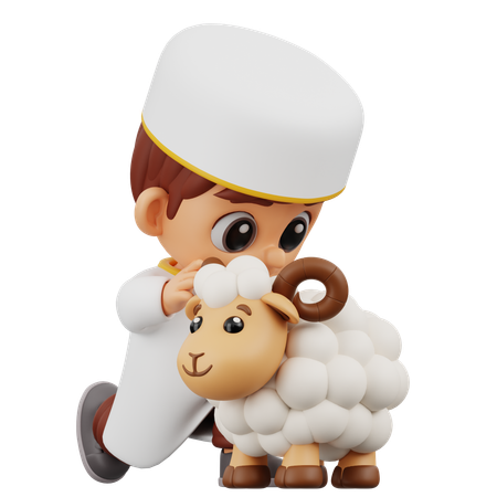 Boy Sitting With Sheep  3D Illustration