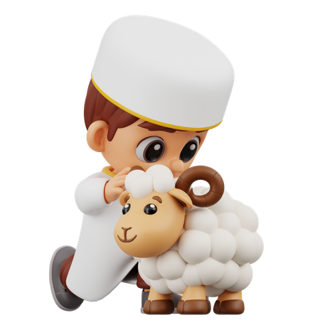 Boy Sitting With Sheep  3D Illustration