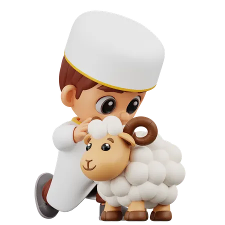 Boy Sitting With Sheep  3D Illustration
