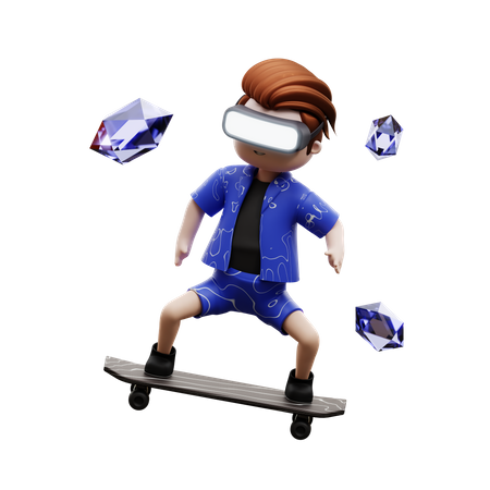 Boy Skating Using Vr Headset 3D Illustration