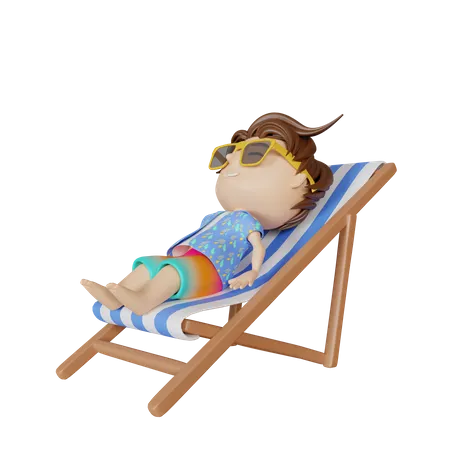 Boy sleeping on beach deck  3D Illustration