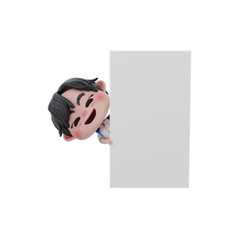 Boy sneaking from behind blank board  3D Illustration