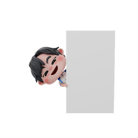 Boy sneaking from behind blank board  3D Illustration