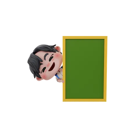 Boy sneaking from behind green board  3D Illustration