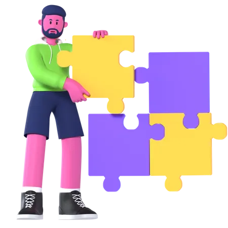 Boy Solving Jigsaw Puzzle  3D Illustration