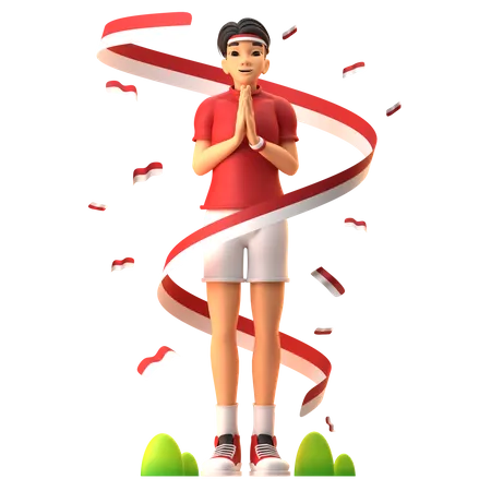 Boy Standing And Celebrating Indonesia Independence Day  3D Illustration