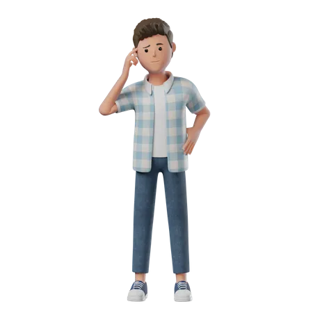 Boy Standing Confused (Scratch Head)  3D Illustration