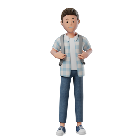 Boy Standing Happy holding backpack  3D Illustration
