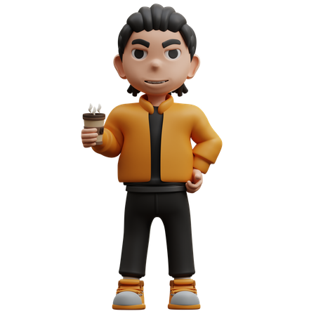 Boy Standing Holding Coffee Drink  3D Icon