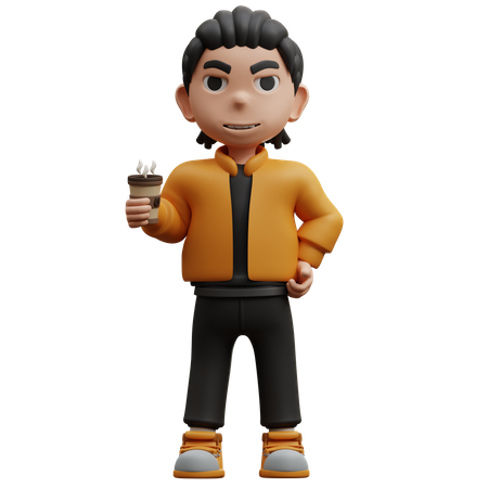 Boy Standing Holding Coffee Drink  3D Illustration