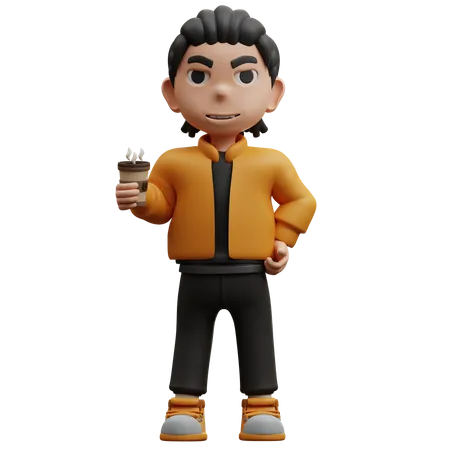 Boy Standing Holding Coffee Drink  3D Illustration