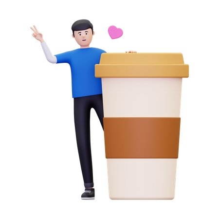 Boy standing next to coffee cup  3D Illustration