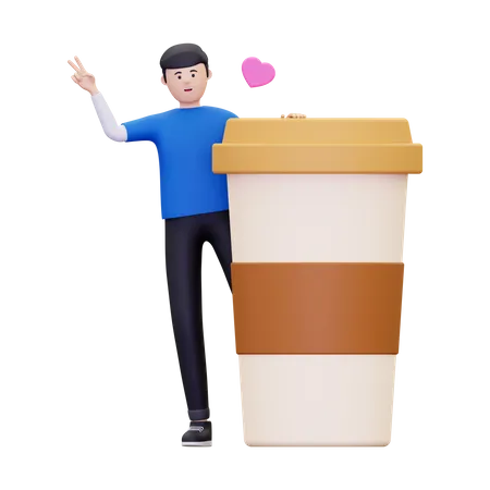Boy standing next to coffee cup  3D Illustration
