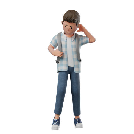 Boy Standing Shy holding backpack  3D Illustration