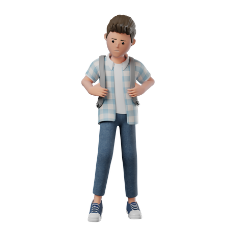 Boy Standing Shy holding backpack  3D Illustration