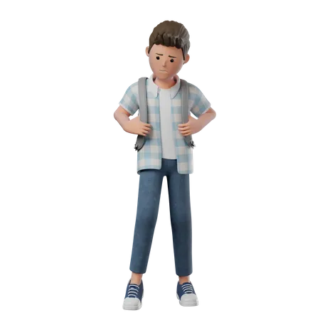 Boy Standing Shy holding backpack  3D Illustration