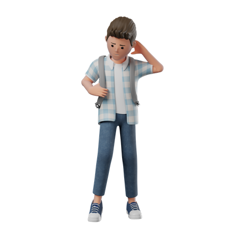 Boy Standing Shy holding backpack  3D Illustration