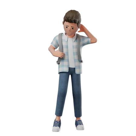 Boy Standing Shy holding backpack  3D Illustration