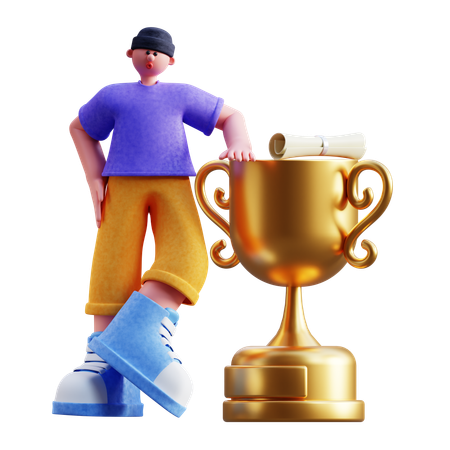 Boy Standing With Trophy Cup  3D Illustration