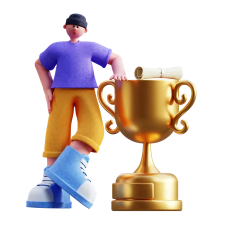 Boy Standing With Trophy Cup  3D Illustration