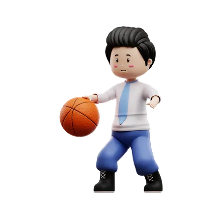 Boy Student dribbling Basketball  3D Illustration