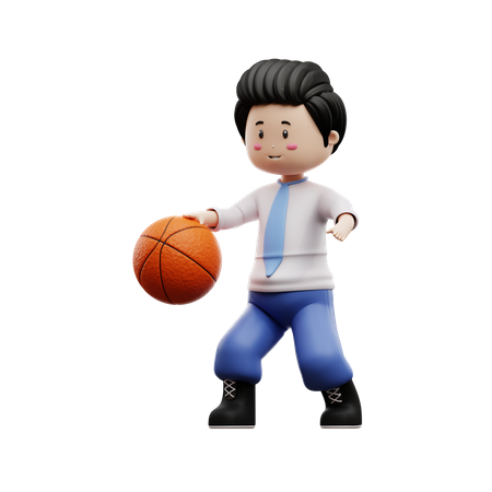 Boy Student dribbling Basketball 3D Illustration
