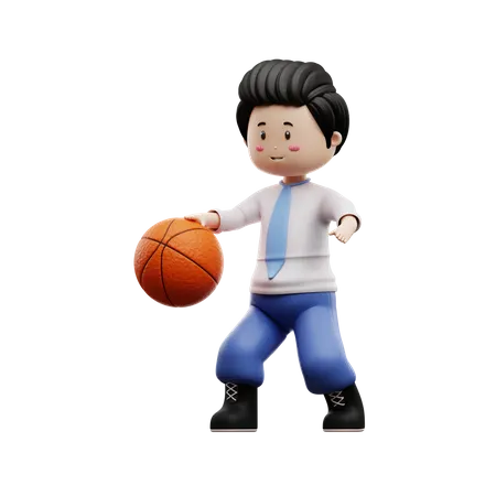 Boy Student dribbling Basketball 3D Illustration