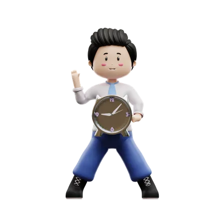 Boy Student Holding Alarm Clock  3D Illustration