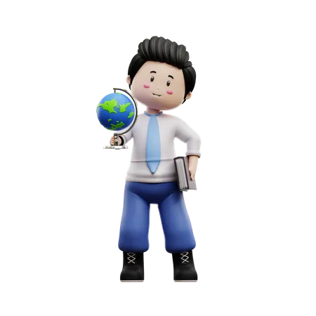 Boy Student Holding Book And Globe  3D Illustration