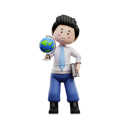 Boy Student Holding Book And Globe 3D Illustration