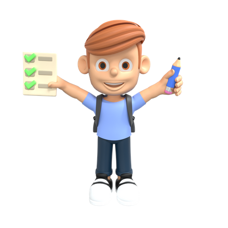 Boy student holding exam paper  3D Illustration