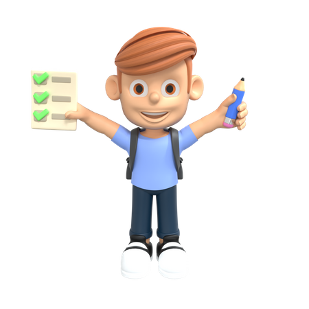 Boy student holding exam paper 3D Illustration