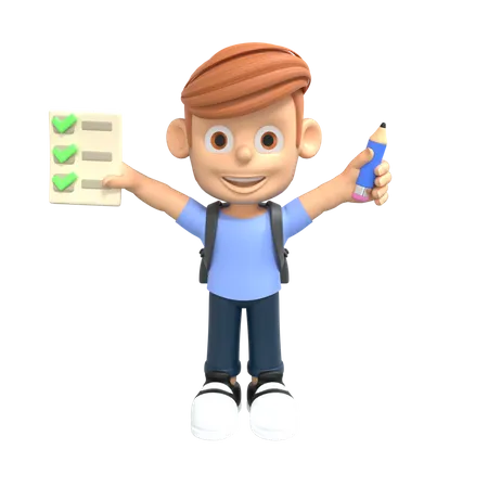 Boy student holding exam paper 3D Illustration