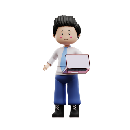 Boy Student Holding Laptop  3D Illustration