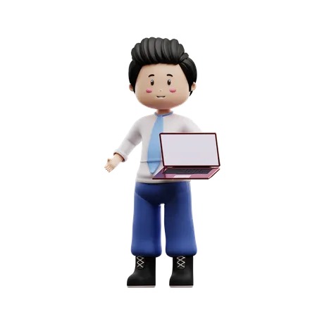 Boy Student Holding Laptop  3D Illustration