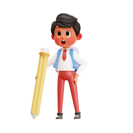 Boy Student Holding Pencil  3D Illustration