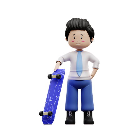 Boy Student Holding Skateboard  3D Illustration