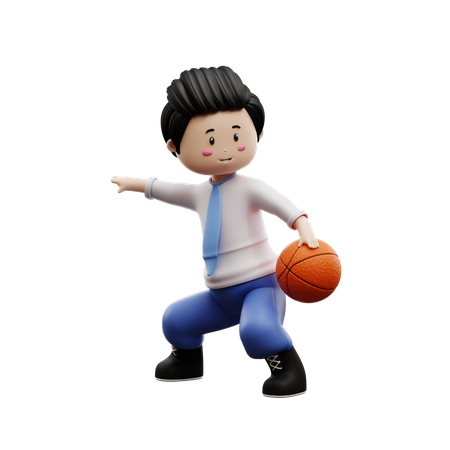 Boy Student Playing Basketball 3D Illustration